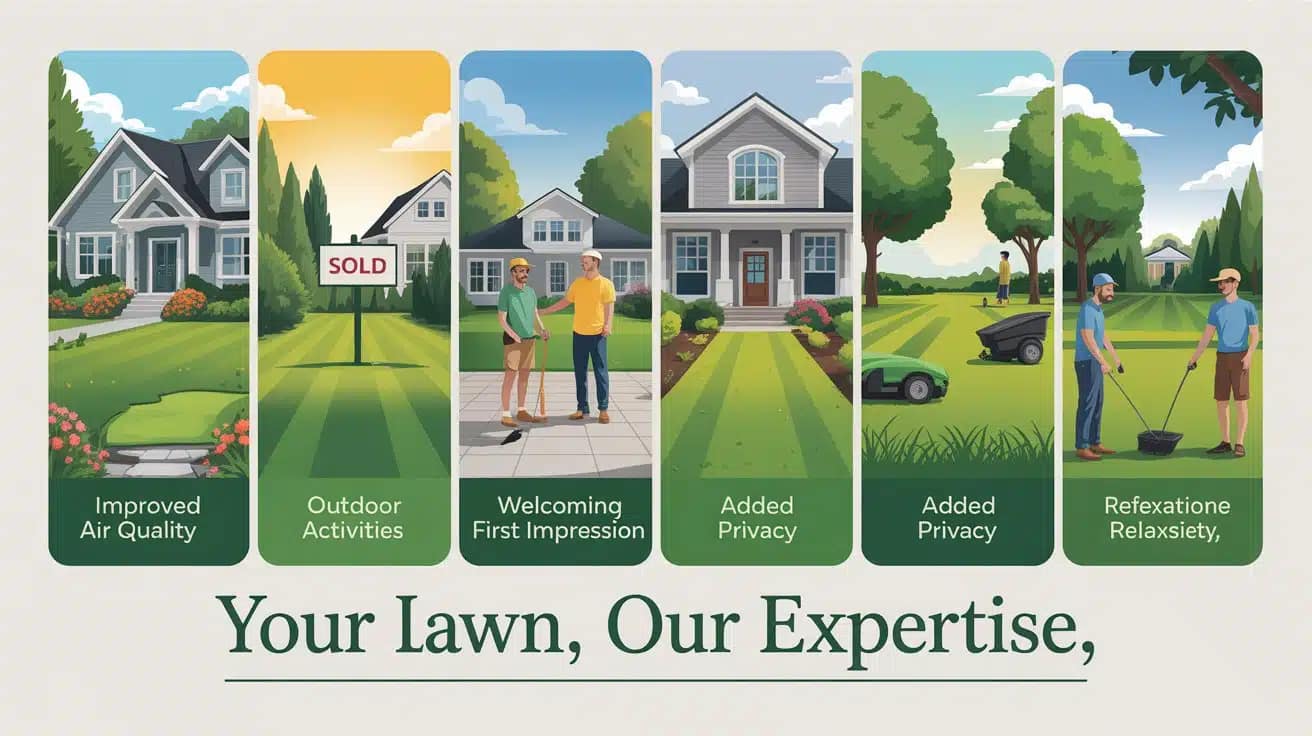 A collage of 7 images illustrating the benefits of a well-maintained lawn, including increased property value, improved air quality, outdoor fun, and relaxation.