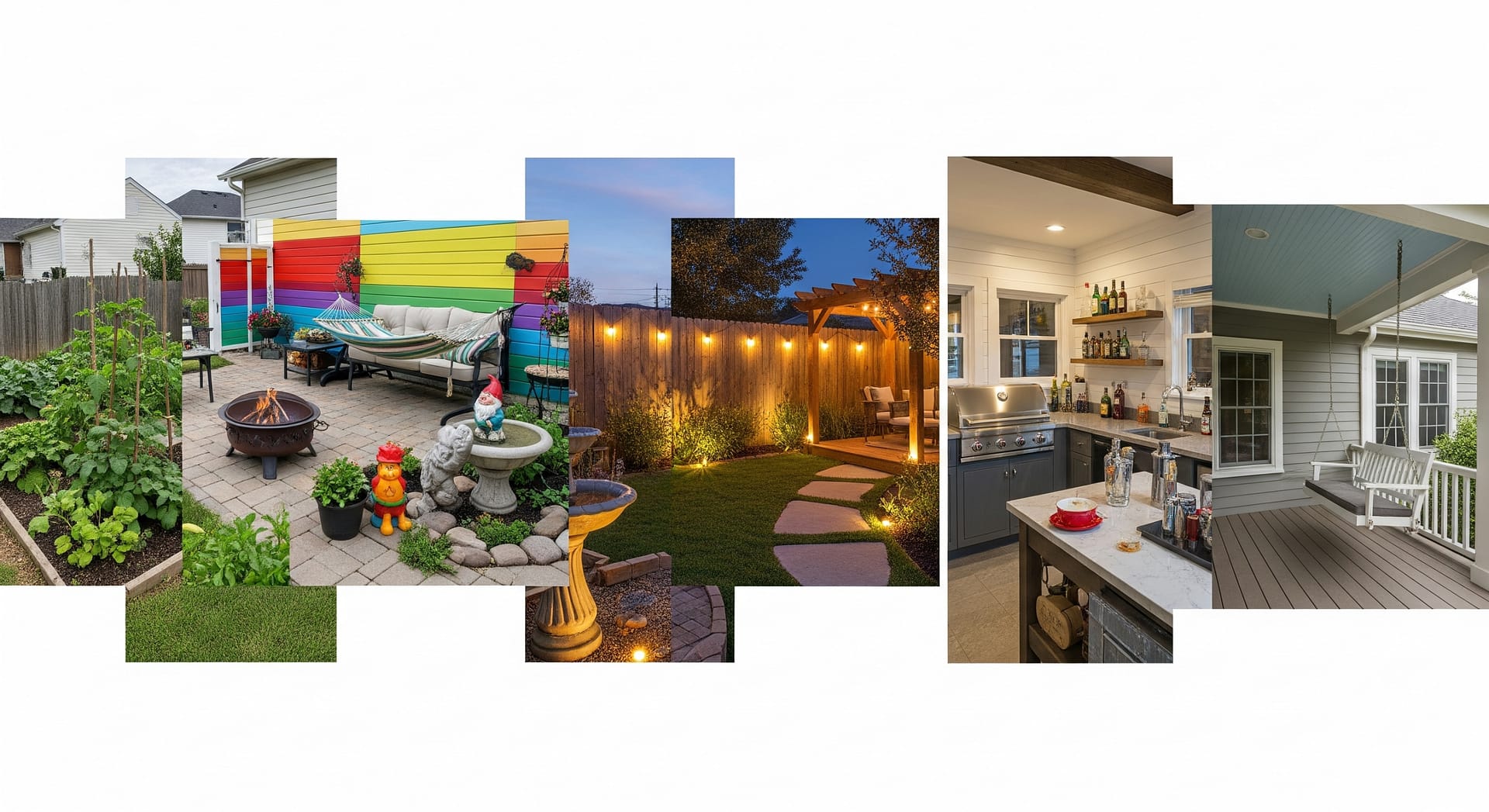 A wide collage showcasing various ideas for creating an inviting backyard hangout spot. Sections depict: a thriving vegetable garden, a colorful painted fence by a patio with a fire pit, cozy outdoor seating with garden ornaments, atmospheric lighting with privacy elements like a fence or pergola, an outdoor kitchen/bar area, and a relaxing porch swing.